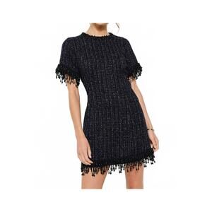 NEW INA FASHION beaded fringe tweed mini dress in black